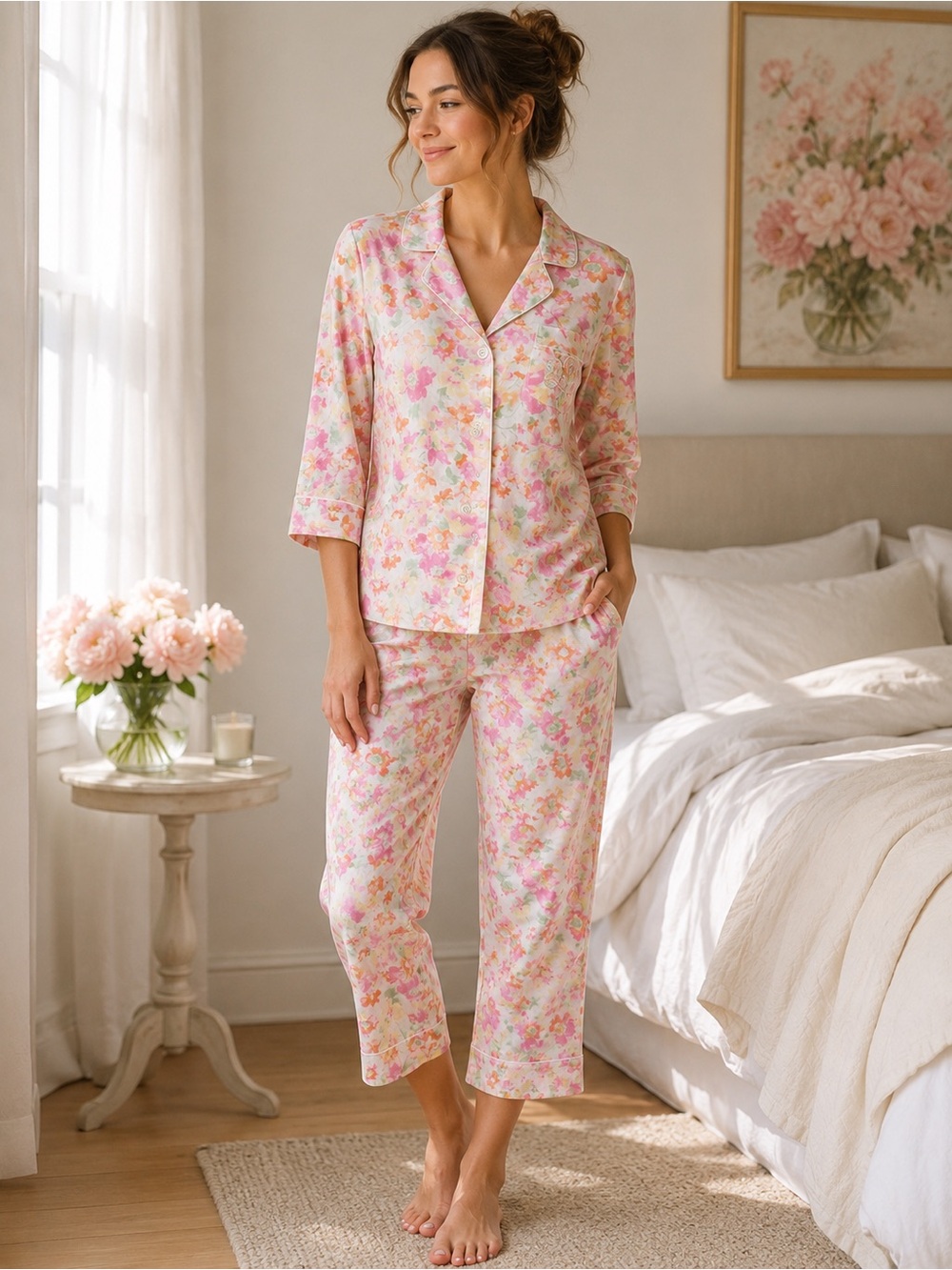 Lauren Ralph Lauren Pajama Set Floral Cotton 2pc 3/4 Sleeve Capri XL NWOT